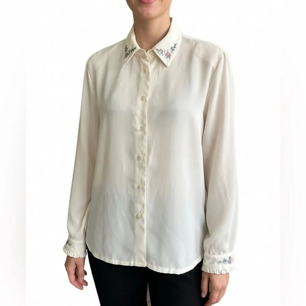 Koret Vintage Ivory Blouse Embroidered Beaded Floral Cottagecore SZ 10